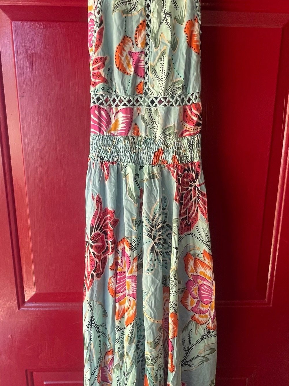 Jaase Mint Backless Maxi Dress with Coral and Pink Floral Print